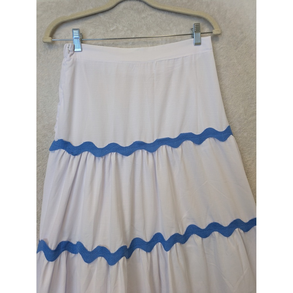 Unbranded Maxi Skirt Womens L White Blue Ric Rac Trim Tiered Ruffle Boho Coastal - Picture 2 of 9